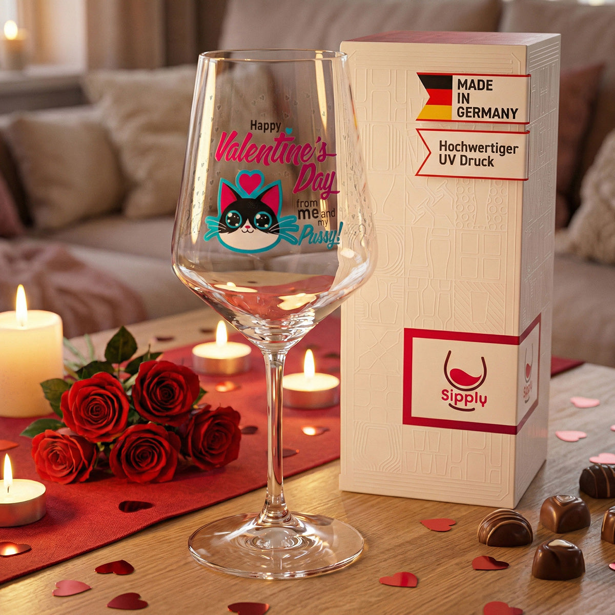Kieliszek do wina Sipply na Walentynki z kotem + napisem „Happy Valentines Day” Prezent 0,5 l – Widok 4