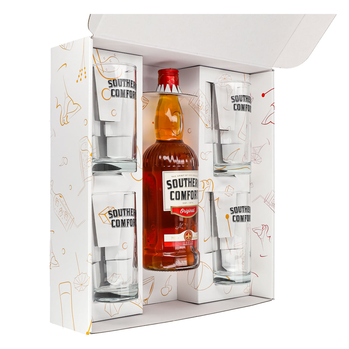 Southern Comfort Geschenkset 0,7l Flasche 35,0 % Vol. + Longdrinkgläser Schwarz–Weiß – Ansicht 4