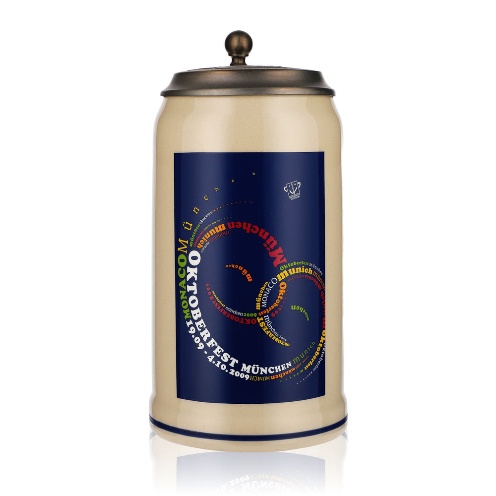 Kubek piwny z kamionki o pojemności 1,0 l, dzban gliniany Oktoberfest Monachium 2009 z cynową pokrywką