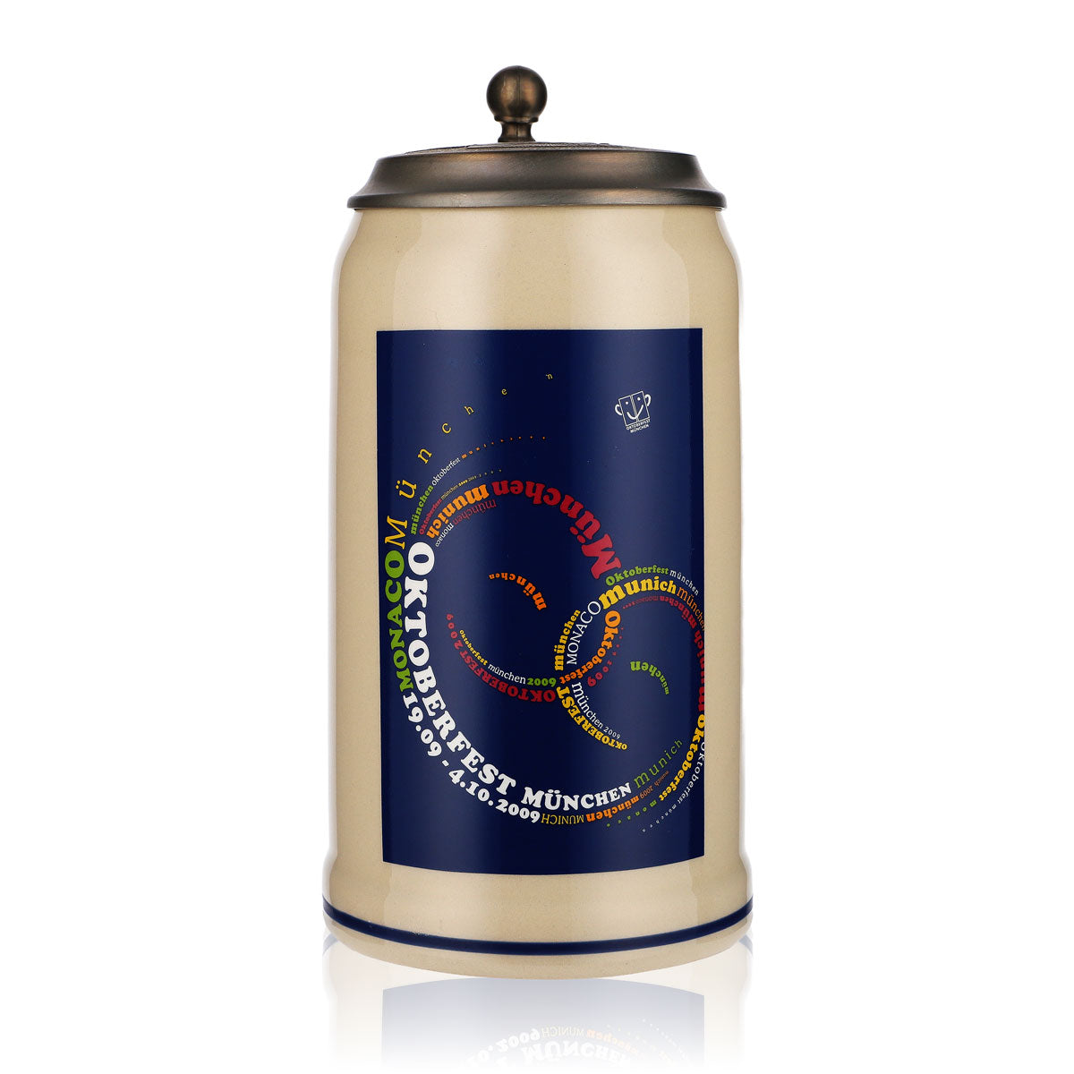 Kubek piwny z kamionki o pojemności 1,0 l, dzban gliniany Oktoberfest Monachium 2009 z cynową pokrywką