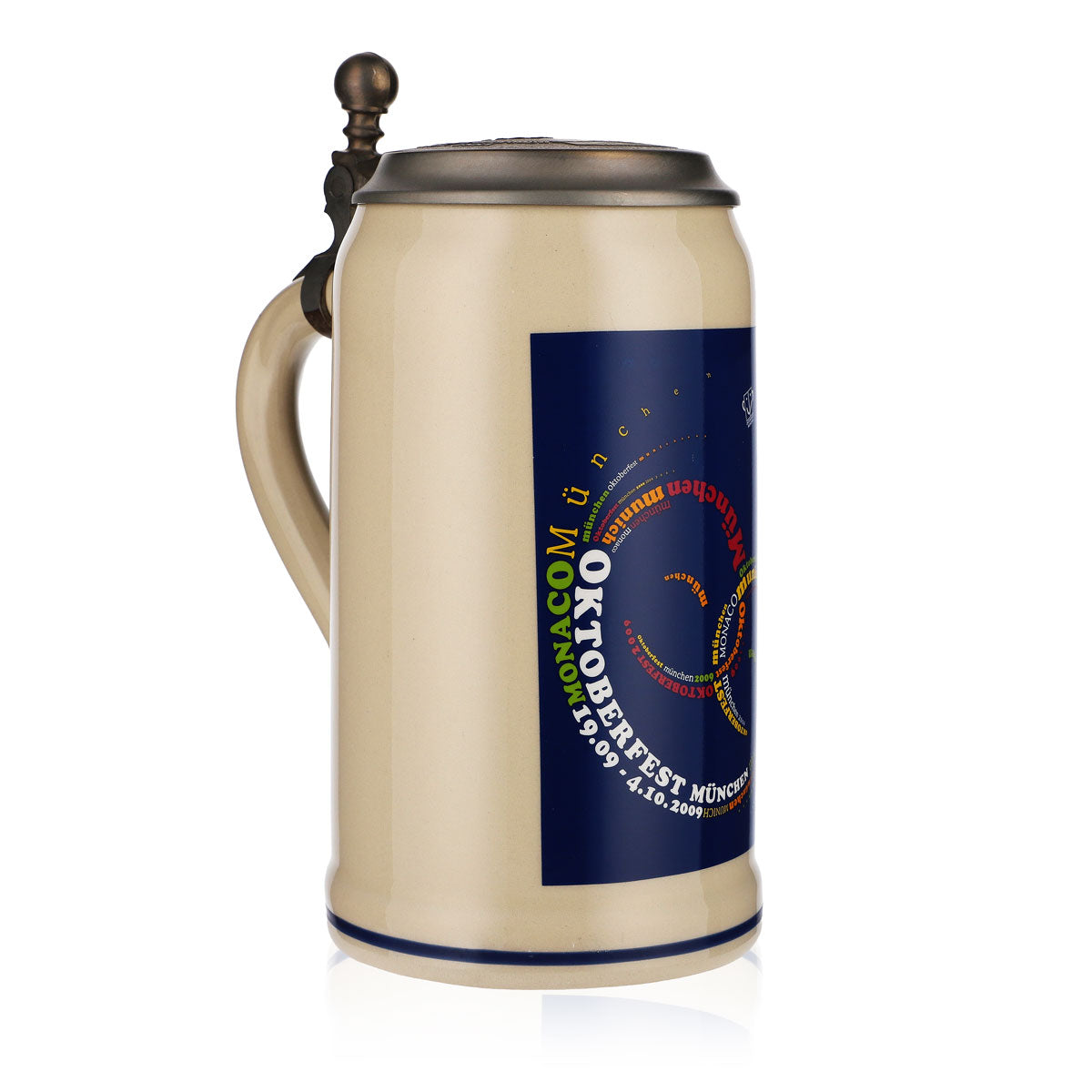 Kubek piwny z kamionki o pojemności 1,0 l, dzban gliniany Oktoberfest Monachium 2009 z cynową pokrywką – Widok 2