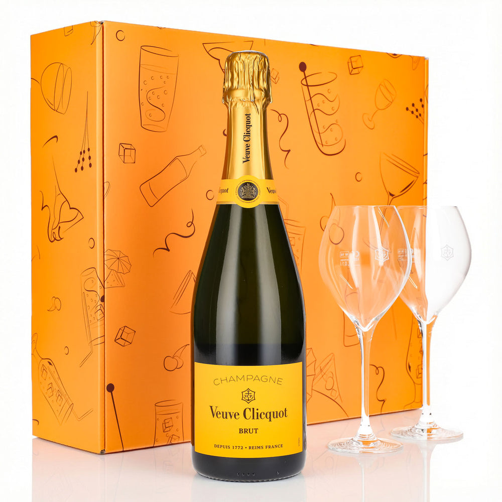 Zestaw upominkowy szampana Veuve Clicquot 0,75 l 12,5% + kieliszek 0,1 l z bulwą I pomarańczowy