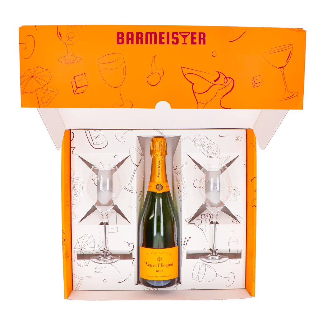 Zestaw upominkowy szampana Veuve Clicquot 0,75 l 12,5% + kieliszek 0,1 l z bulwą I pomarańczowy – Widok 3