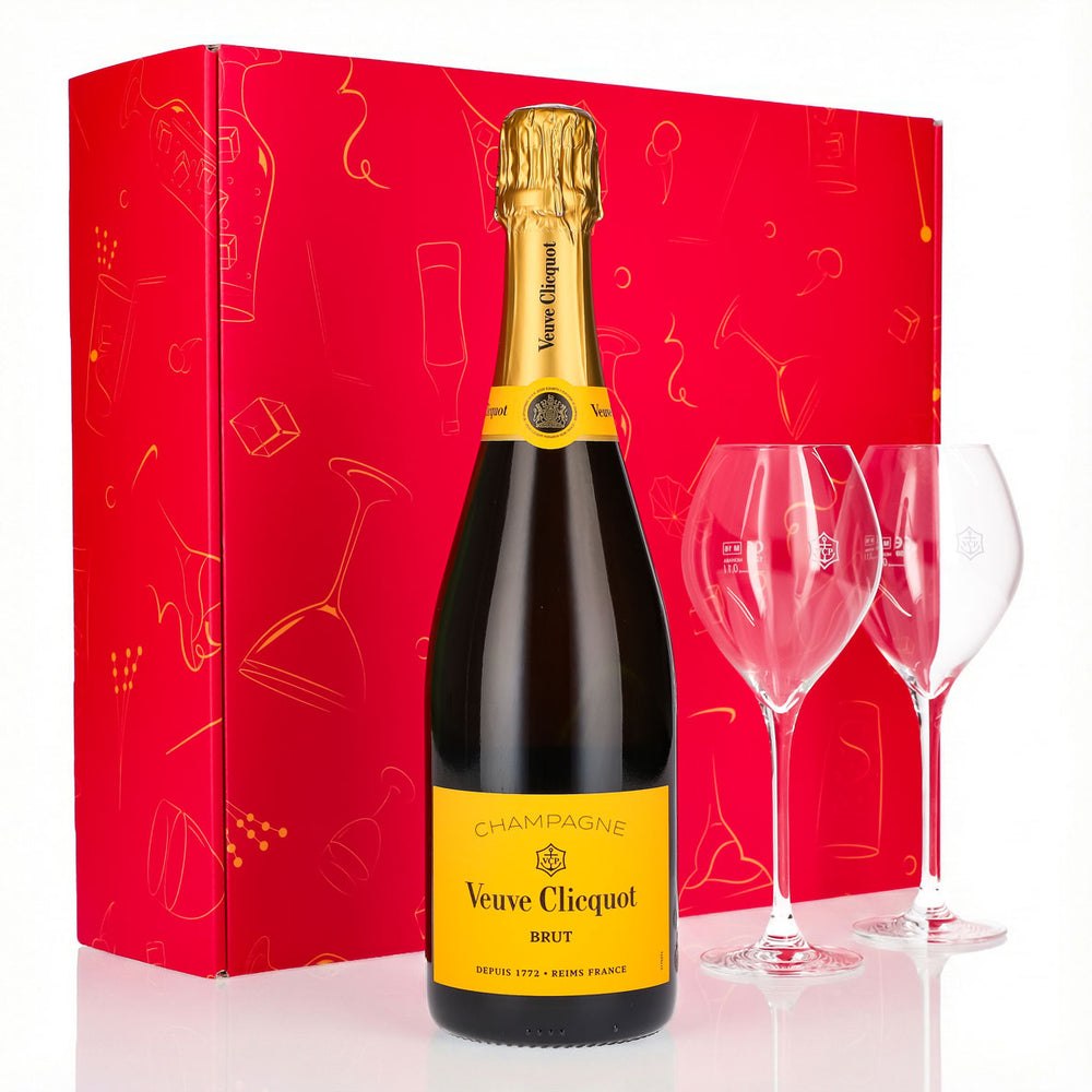 Zestaw upominkowy szampana Veuve Clicquot 0,75 l 12,5% + kieliszek 0,1 l o zaokrąglonym kształcie I różowy