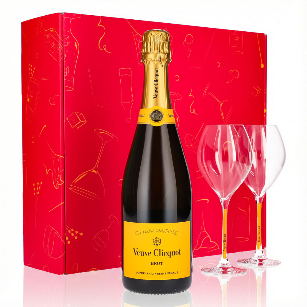Zestaw upominkowy szampana Veuve Clicquot 0,75 l 12,5% + kieliszek 0,1 l z żółtą nóżką I różowy