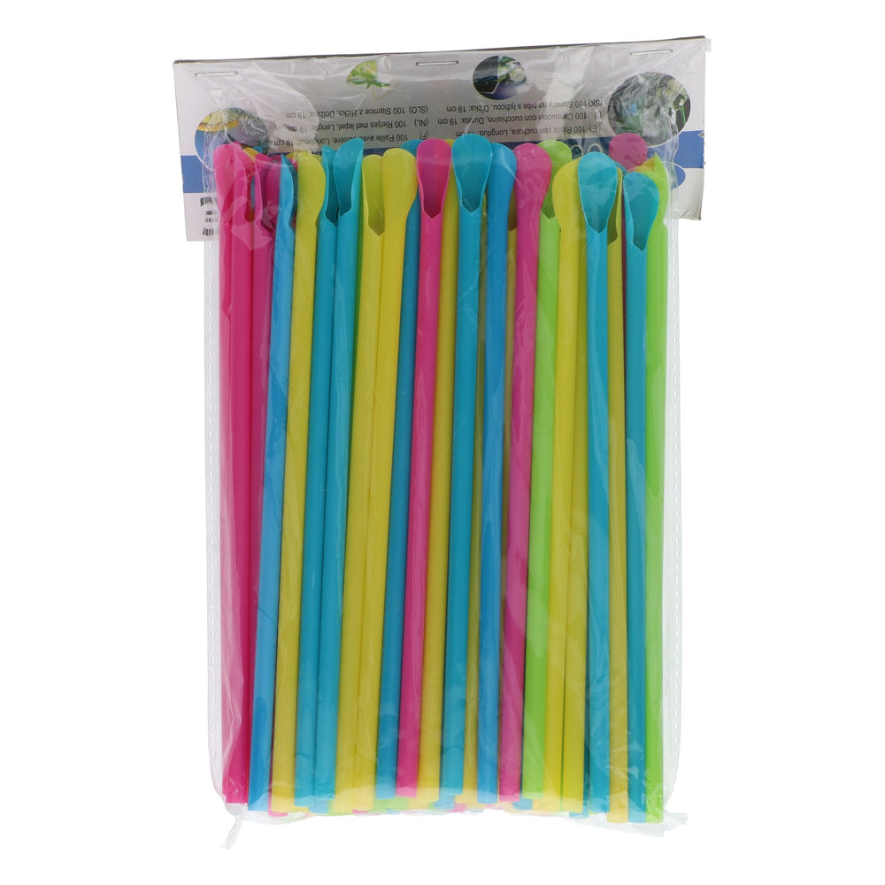 100 kolorowych słomek, łyżeczek i słomek plastikowych 0,5 x 19 cm – na imprezy, koktajle i lody