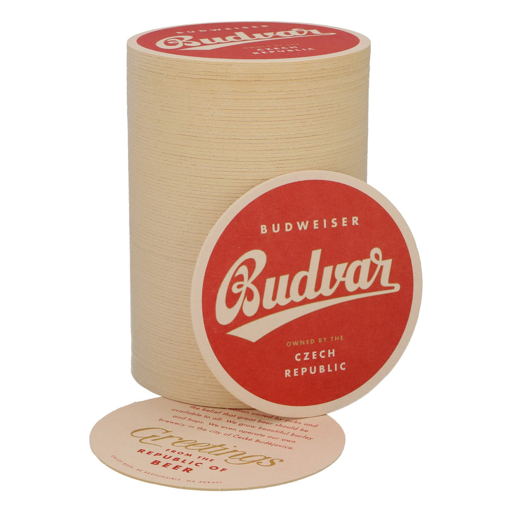 100x Budweiser piwo podkładki pod piwo podkładki pod szklanki akcesoria barowe „Budvar” czerwono-biała ramka