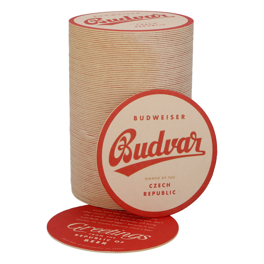 100x Budweiser Piwo Podkładki pod piwo Podkładki pod szklanki Akcesoria barowe „Budvar” Białe z czerwonym brzegiem