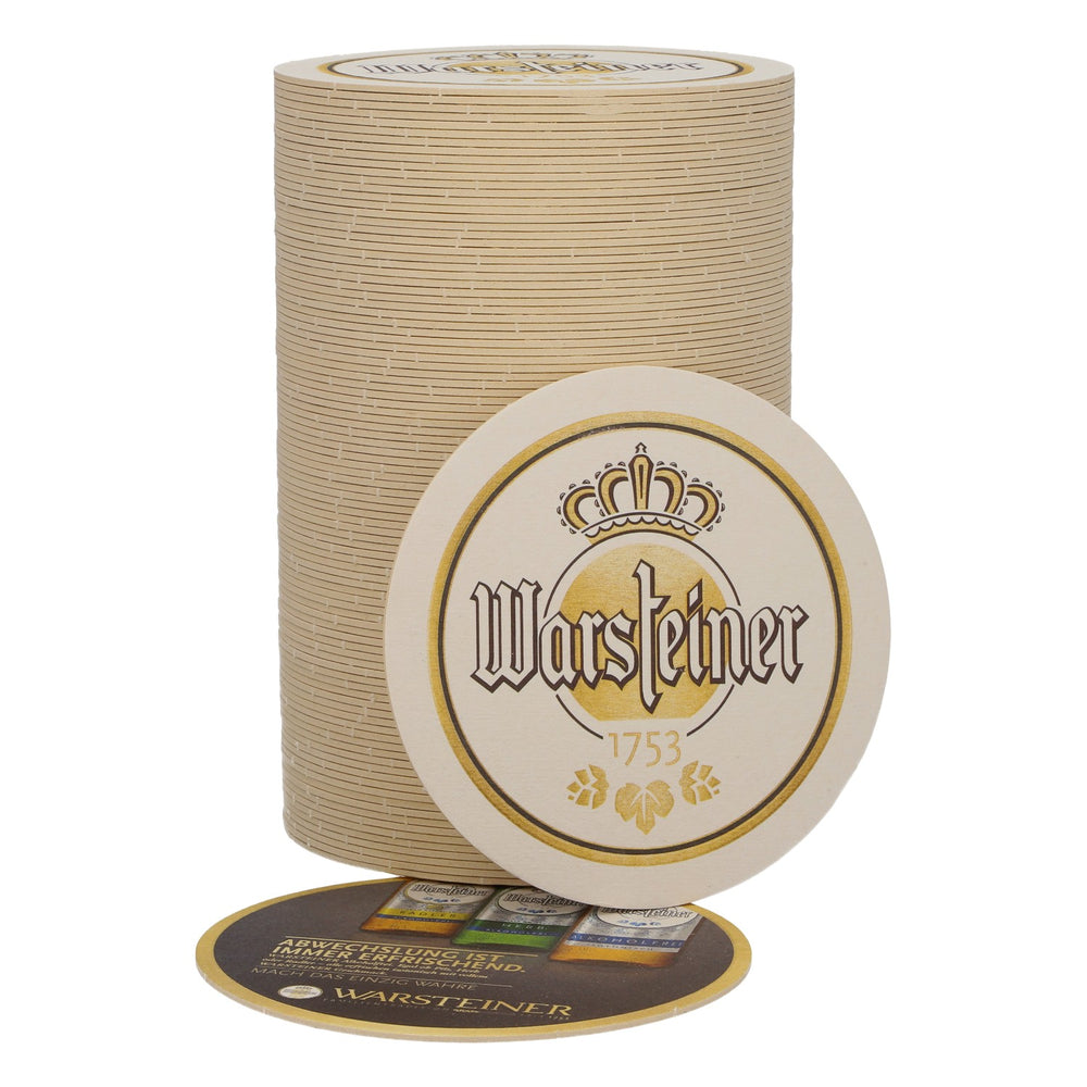 100 podkładek pod piwo marki Warsteiner, średnica 10,5 cm, z napisem „Różnorodność zawsze orzeźwia”
