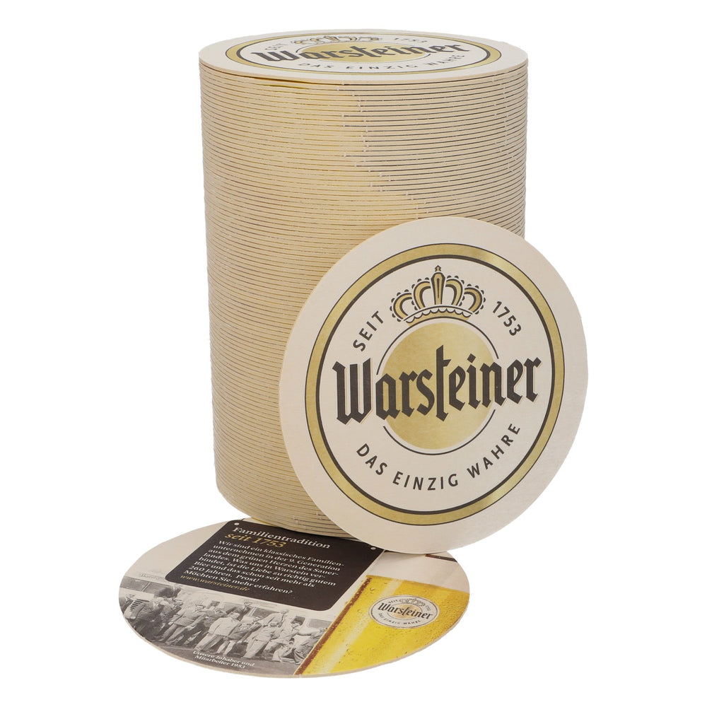 100 podkładek pod piwo Warsteiner, średnica 10,5 cm, „Tradycja rodzinna od 1753 roku”