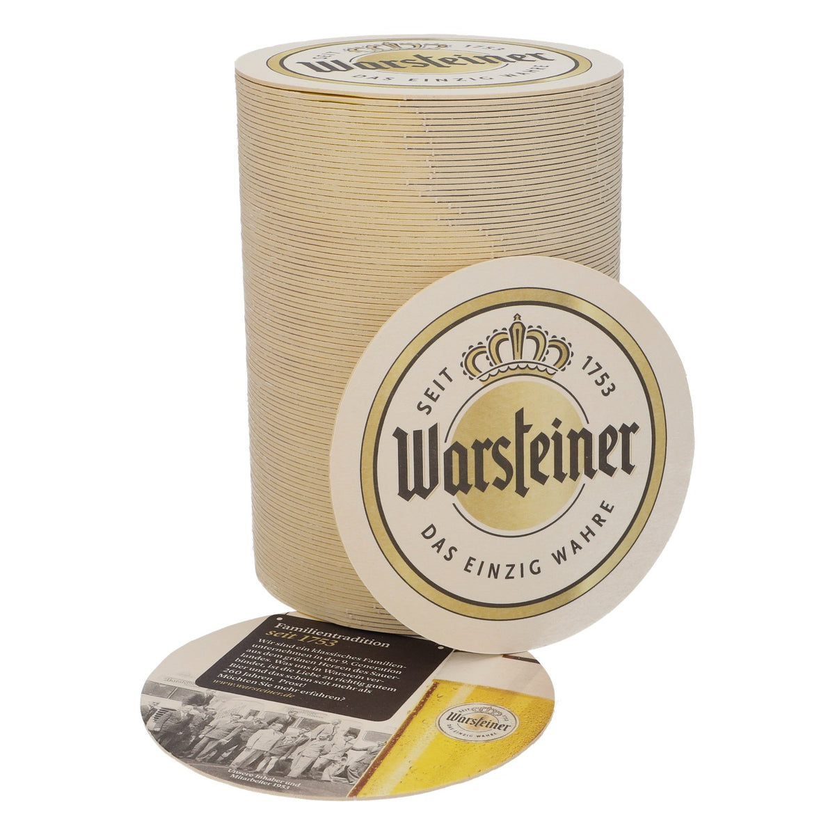 100 podkładek pod piwo Warsteiner, średnica 10,5 cm, „Tradycja rodzinna od 1753 roku”
