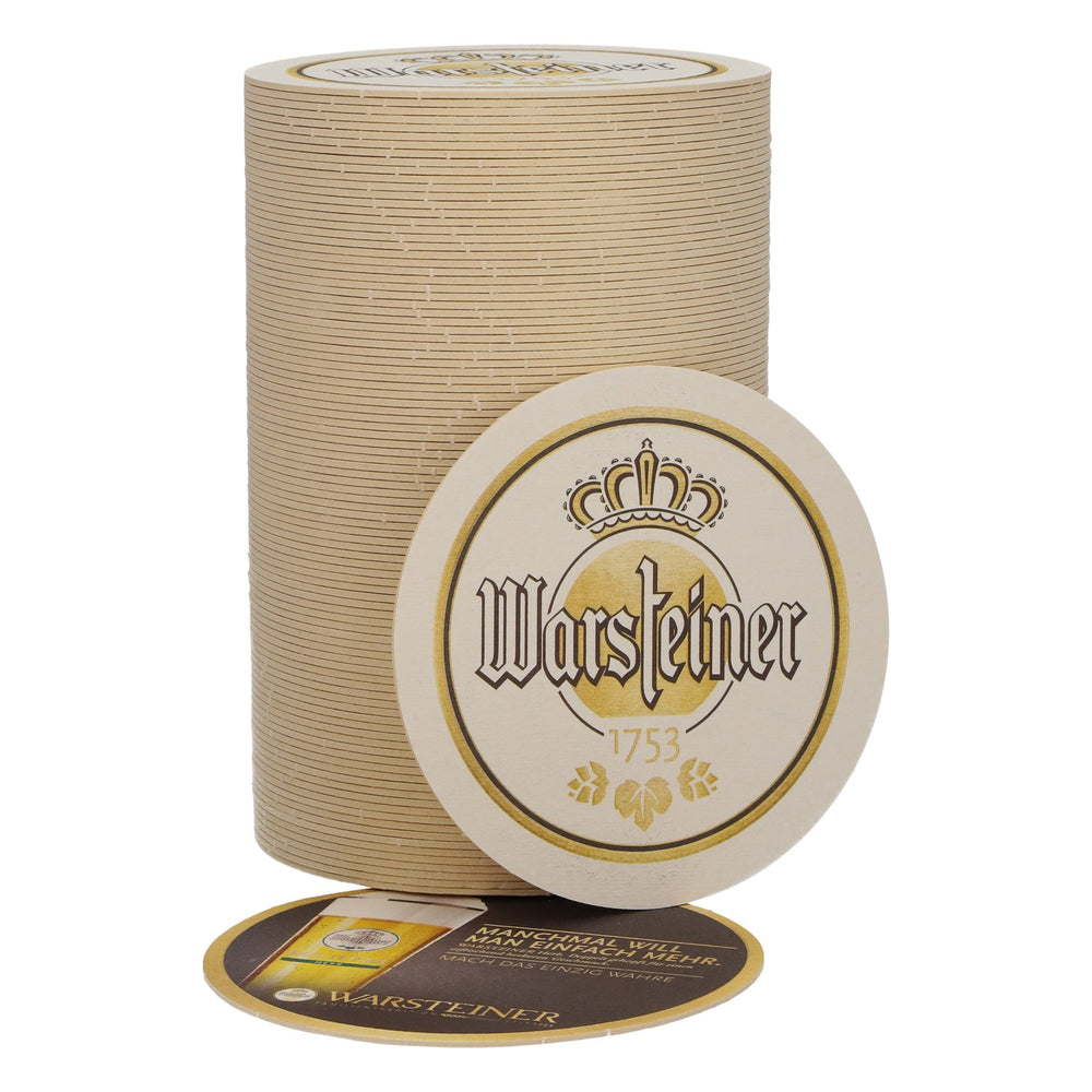 100 podkładek pod piwo marki Warsteiner, średnica 10,5 cm, z napisem „Czasami po prostu chce się więcej”