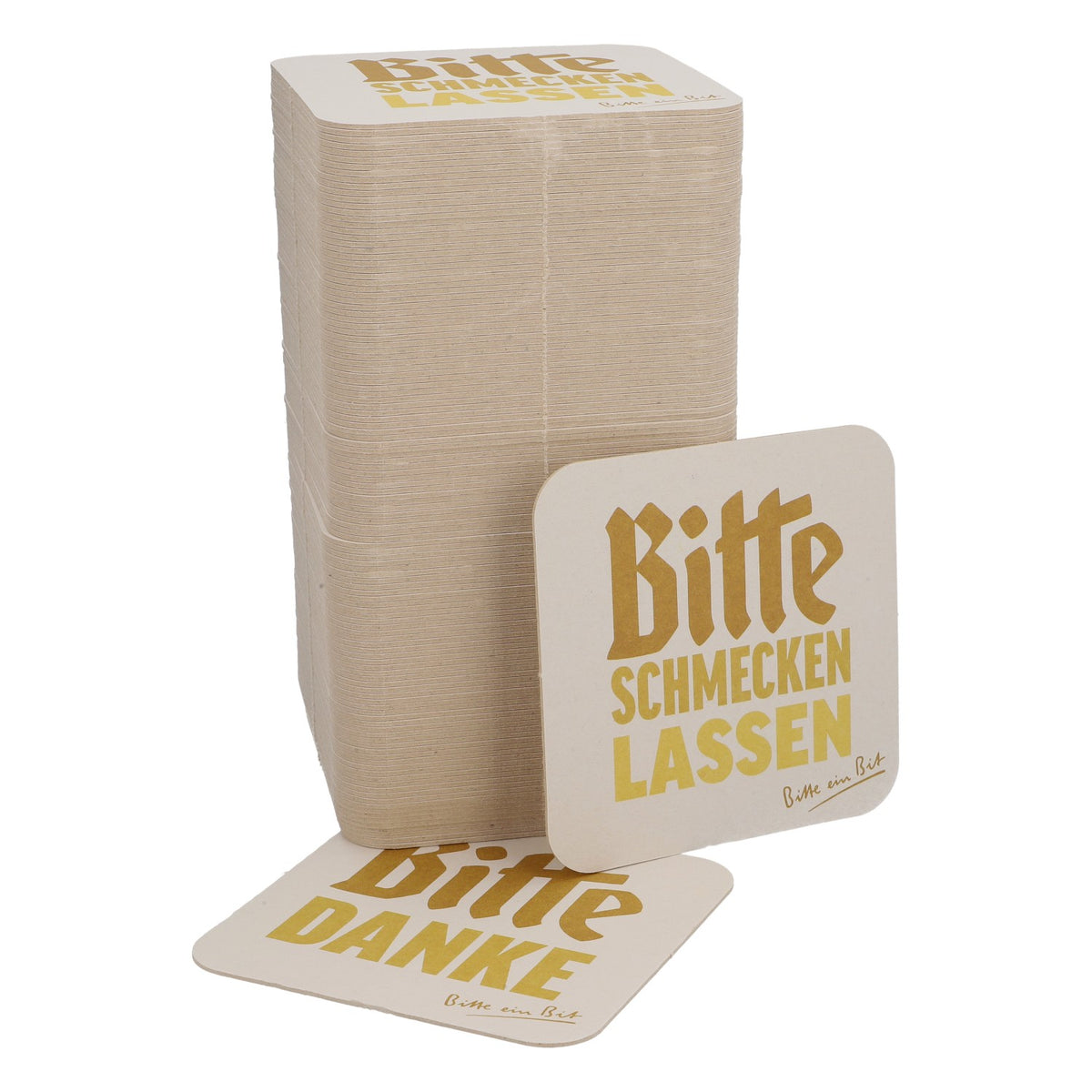 125x podkładki pod piwo Bitburger 9x9 cm „Bitte Danke” („Proszę, dziękuję”) z napisem „Bitte schmecken lassen” („Proszę spróbować”) na odwrocie