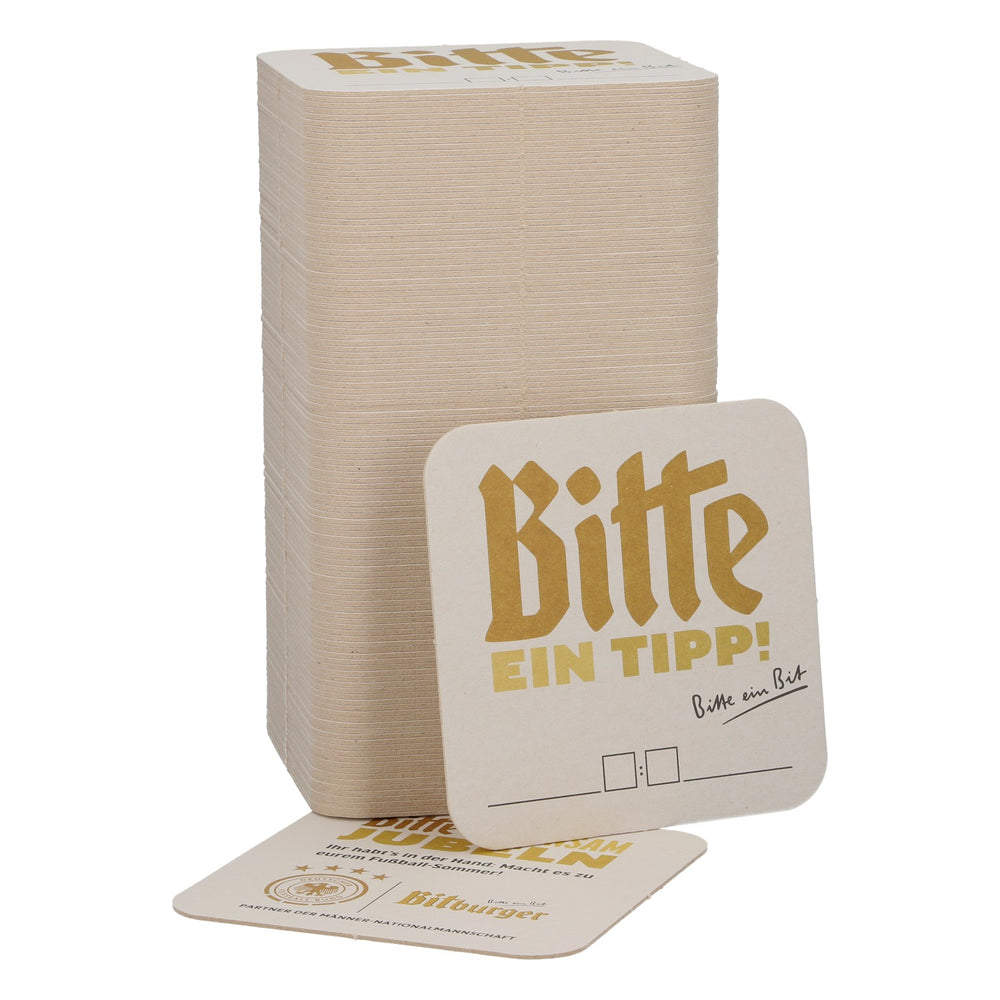 125 podkładek pod piwo „Bitburger” o wymiarach 9 x 9 cm. Proszę o napiwek – Niemiecki Związek Piłki Nożnej