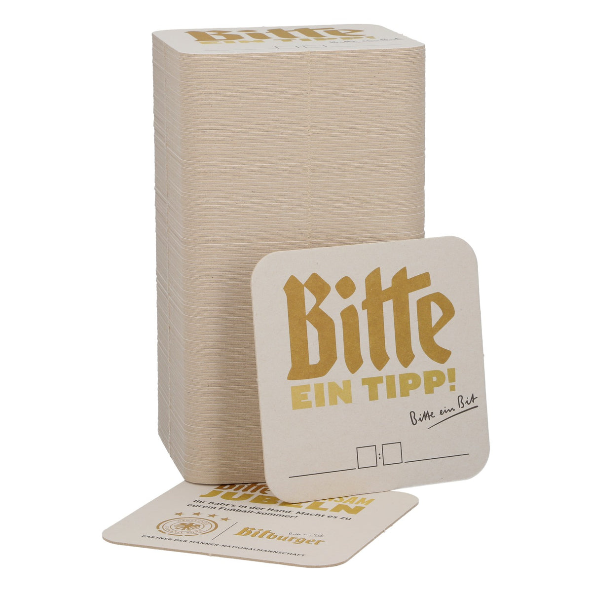 125 podkładek pod piwo „Bitburger” o wymiarach 9 x 9 cm. Proszę o napiwek – Niemiecki Związek Piłki Nożnej