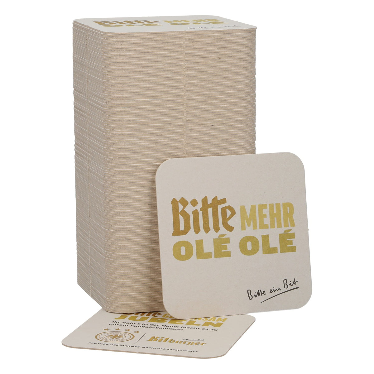 125 sztuk podkładek pod piwo Bitburger, 9 x 9 cm. Proszę o więcej „Ole Ole” – Niemiecki Związek Piłki Nożnej