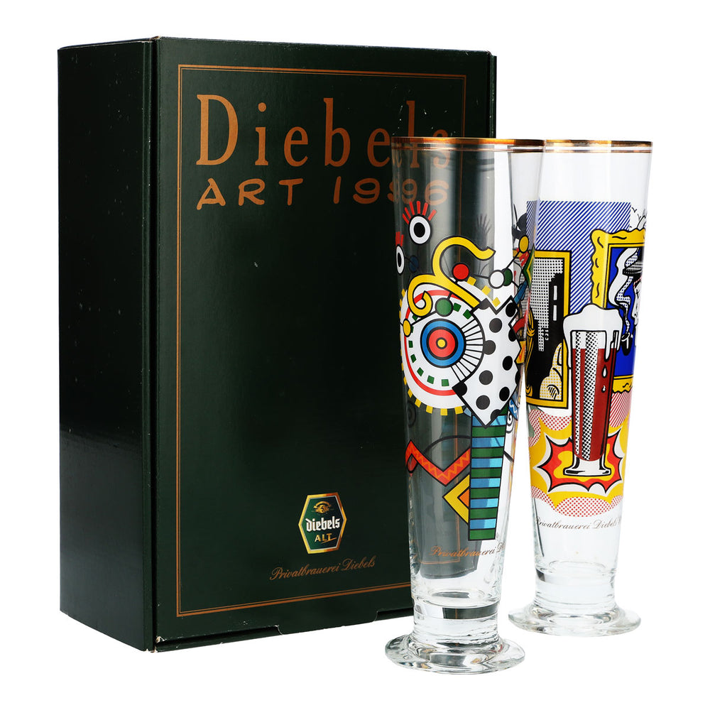 2x zestaw kolekcjonerski szklanek piwnych Diebels, zawierający 2 specjalne szklanki typu 1996 wraz z kartą danych
