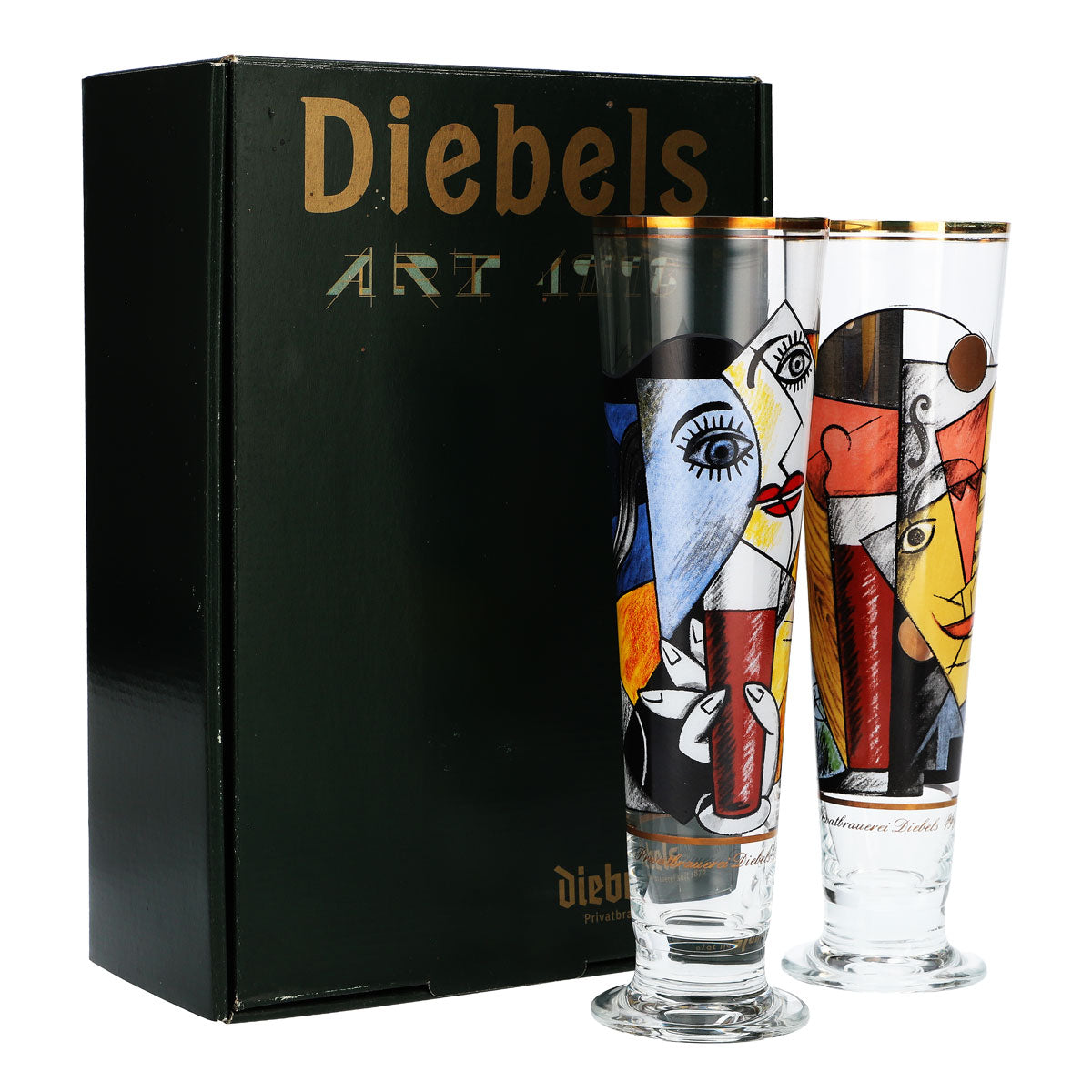 2x zestaw kolekcjonerski szklanek do piwa Diebels, zawierający 2 specjalne szklanki typu 1998 wraz z kartą danych