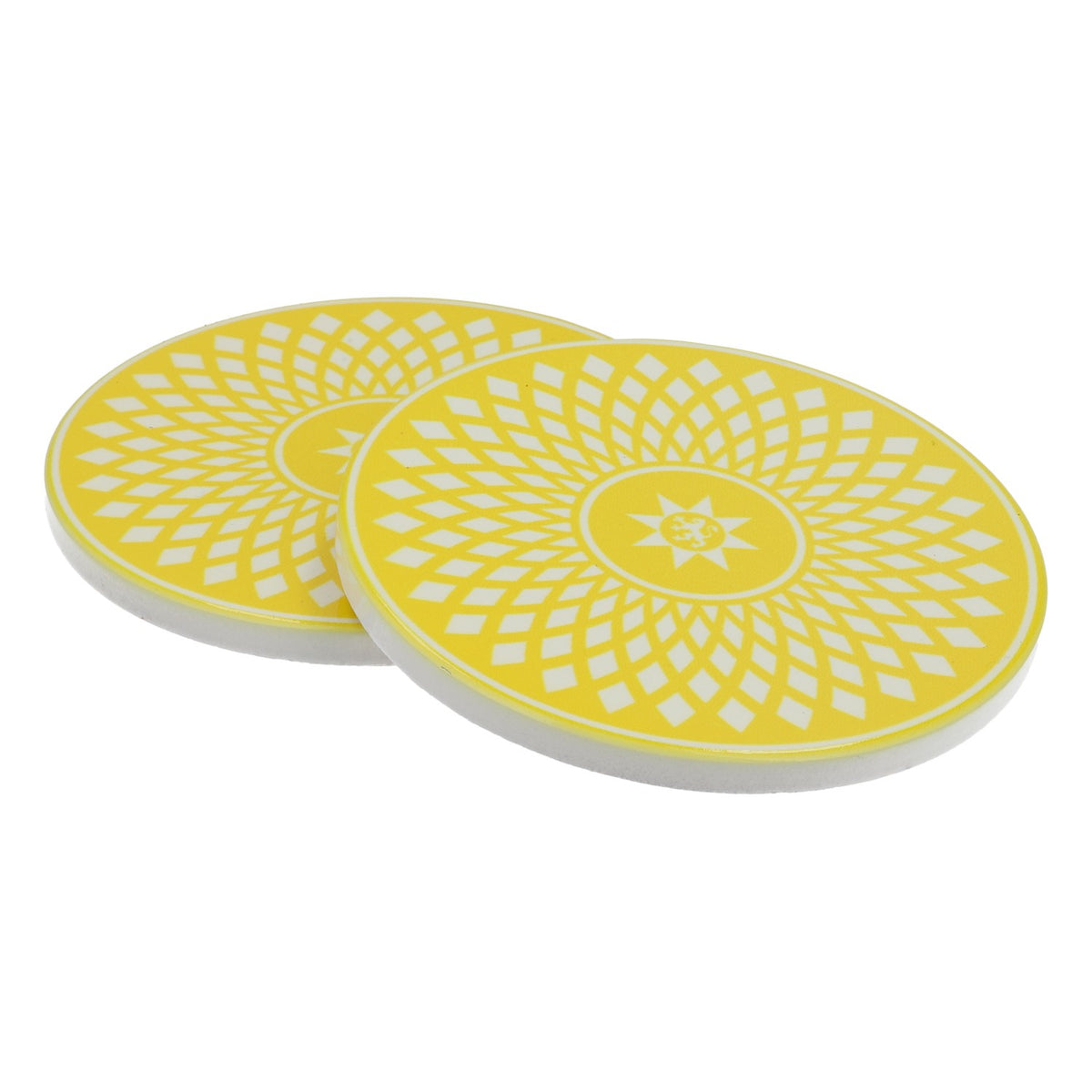 2x podkładki pod szklanki Gerolsteiner z korkową podstawką, ceramiczne, żółte