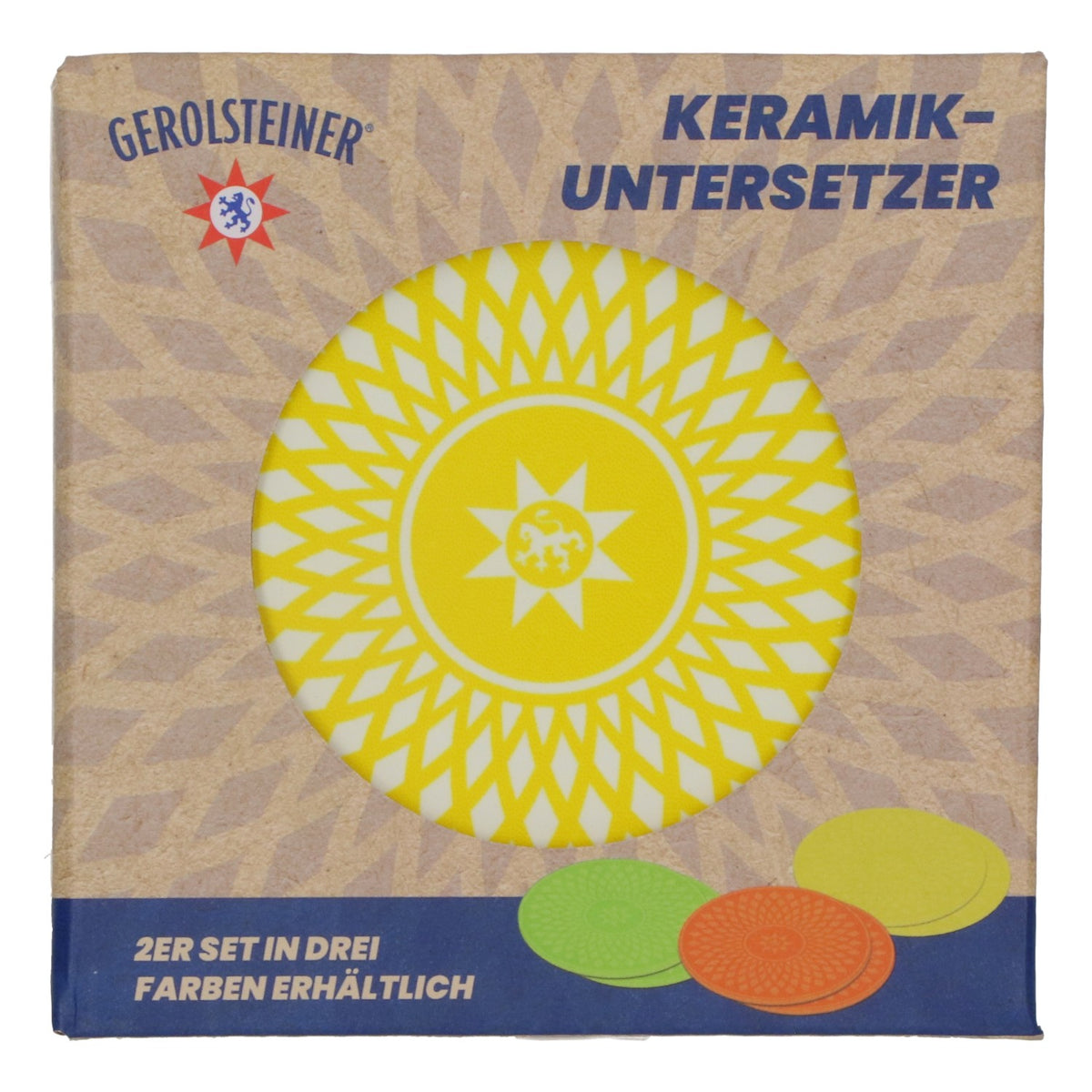 2x podkładki pod szklanki Gerolsteiner z korkową podstawką, ceramiczne, żółte – Widok 4