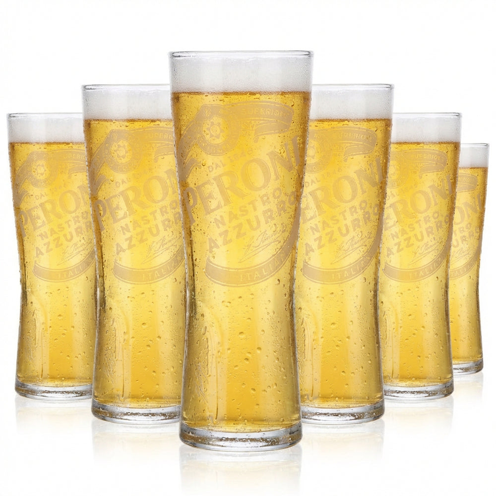 Zestaw 6 szklanek Peroni Nastro Azzurro o pojemności 0,2 l – szklanki typu „pokal” z charakterystycznym reliefem i podziałką