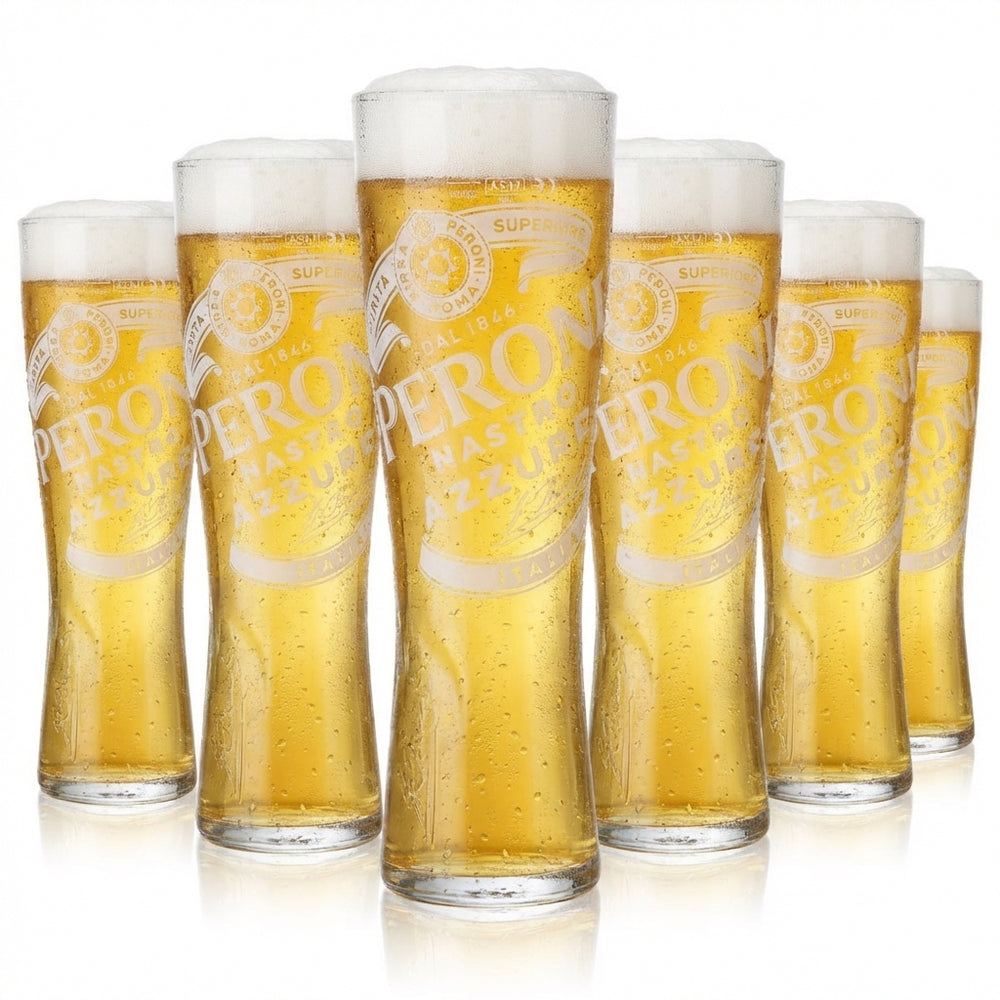 Zestaw 6 szklanek Peroni Nastro Azzurro o pojemności 0,5 l – szklanki typu „pokal” z charakterystycznym reliefem i podziałką