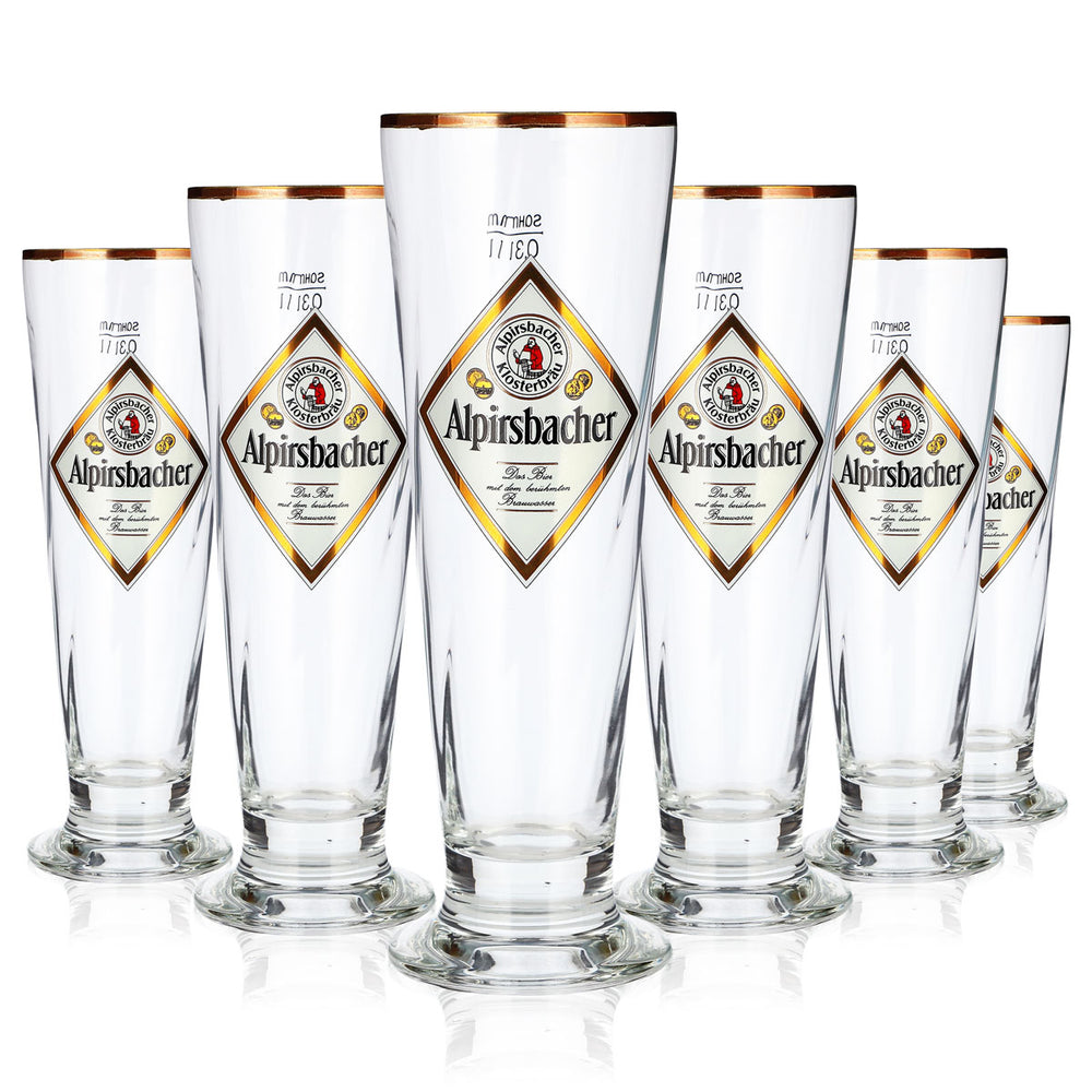 6 szklanek do piwa Alpirsbacher o pojemności 0,3 l, w kształcie pucharu, ze złotą obwódką i reliefem „Sahm Florenz” (zestaw 6 sztuk)