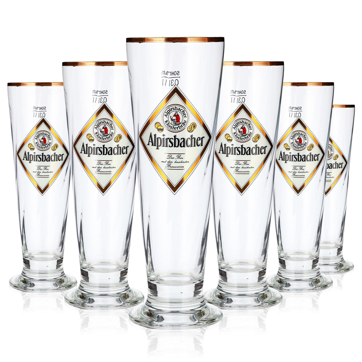 6 szklanek do piwa Alpirsbacher o pojemności 0,3 l, w kształcie pucharu, ze złotą obwódką i reliefem „Sahm Florenz” (zestaw 6 sztuk)