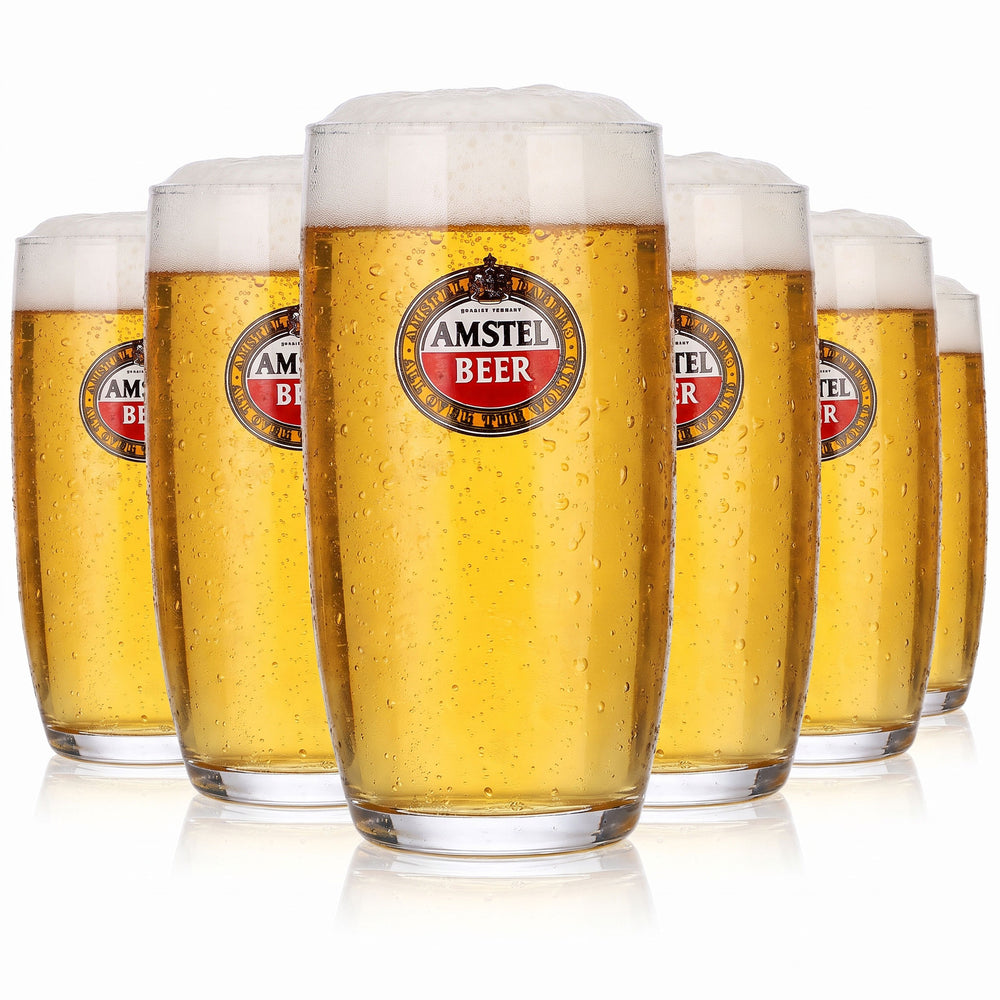 6 szklanek do piwa Amstel o pojemności 0,33 l, proste, ze złotą obwódką (zestaw 6 sztuk)