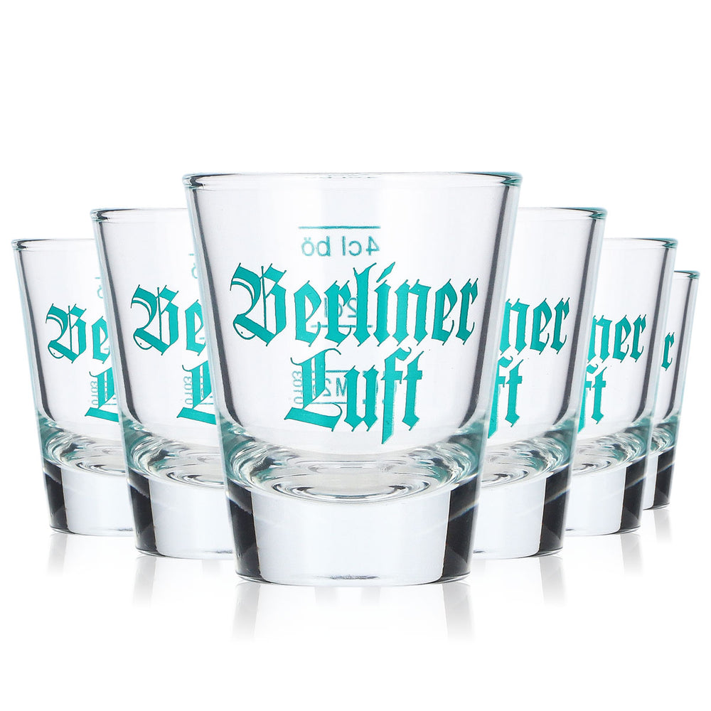 6 szt. kieliszków do tequili Berliner Luft o pojemności 2 cl + kieliszek do shotów o pojemności 4 cl z turkusowym logo
