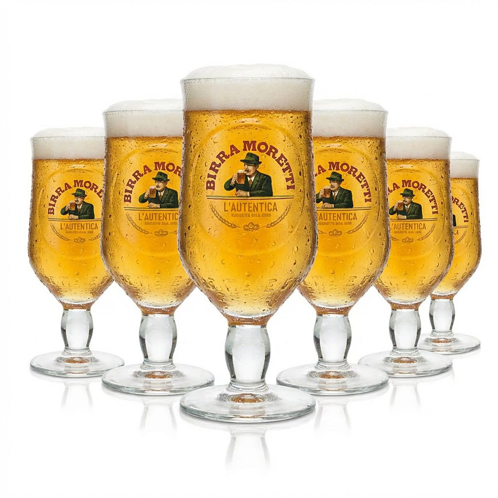 6x Birra Moretti Gas 0,25 l szklanki typu pokal Ricetta Dal 1859 Kieliszek do piwa Pils Włochy