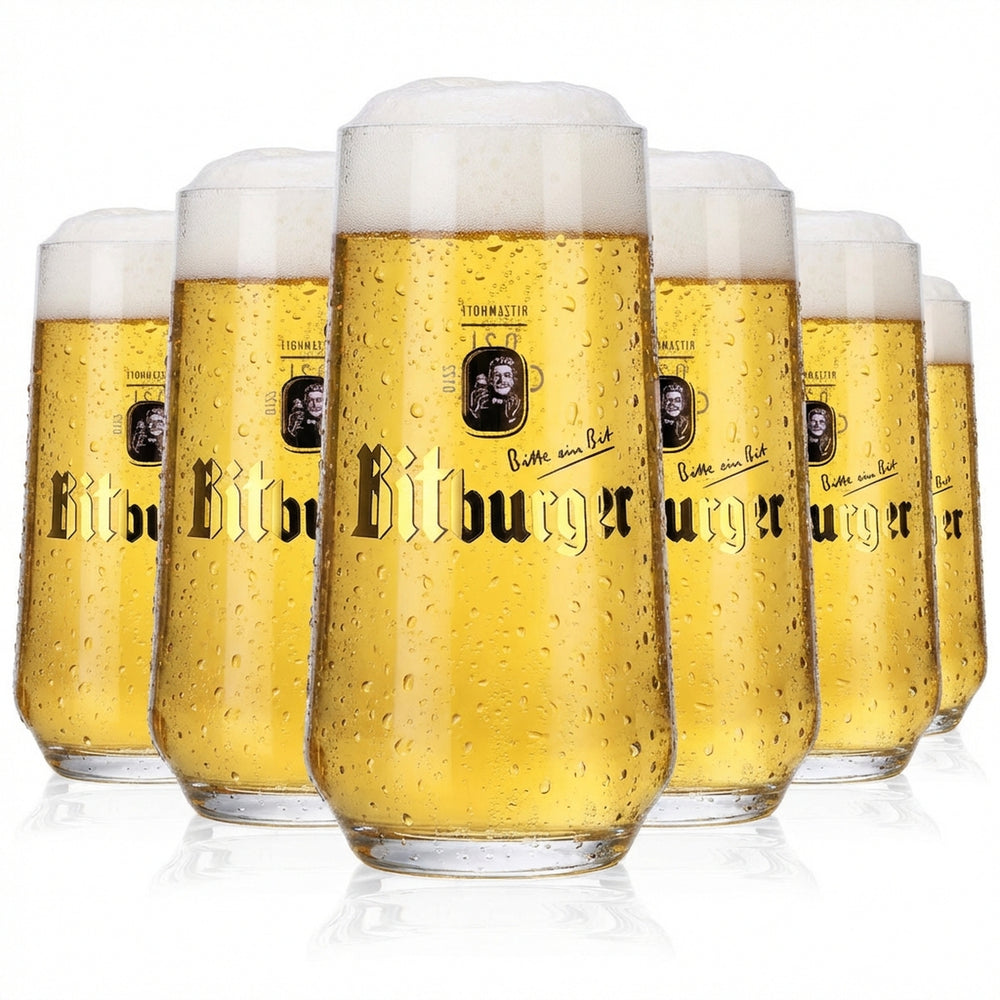 6x szklanki do piwa Bitburger 0,2 l, szklanki typu bit-becher w kształcie brzucha, Ritzenhoff