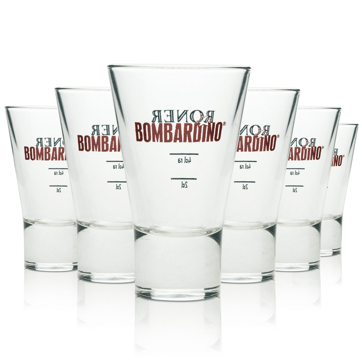6x Bombardino likier szklany kubek stożkowy czerwony napis 4cl