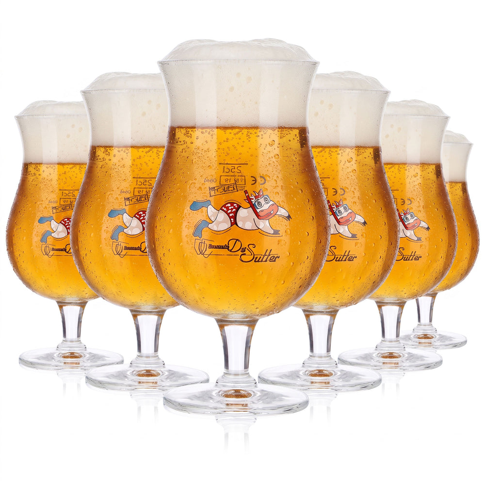 6 szklanek do piwa Brasserie De Sutter 0,25 l – szklanki do piwa rzemieślniczego z motywem pływającej krowy (zestaw 6 sztuk)