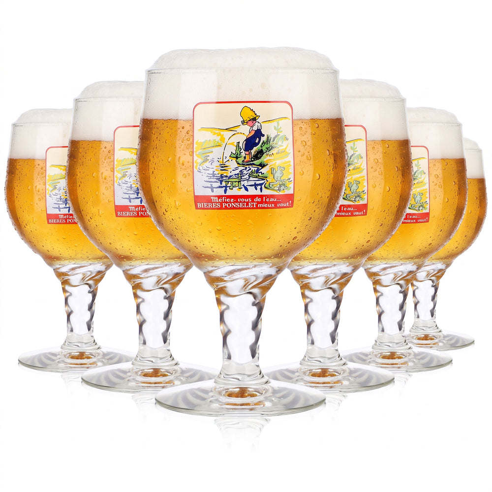 6 szklanek do piwa Brasserie Ponselet o pojemności 0,47 l, w kształcie tulipana, w stylu vintage, szklanki reklamowe (zestaw 6 sztuk)