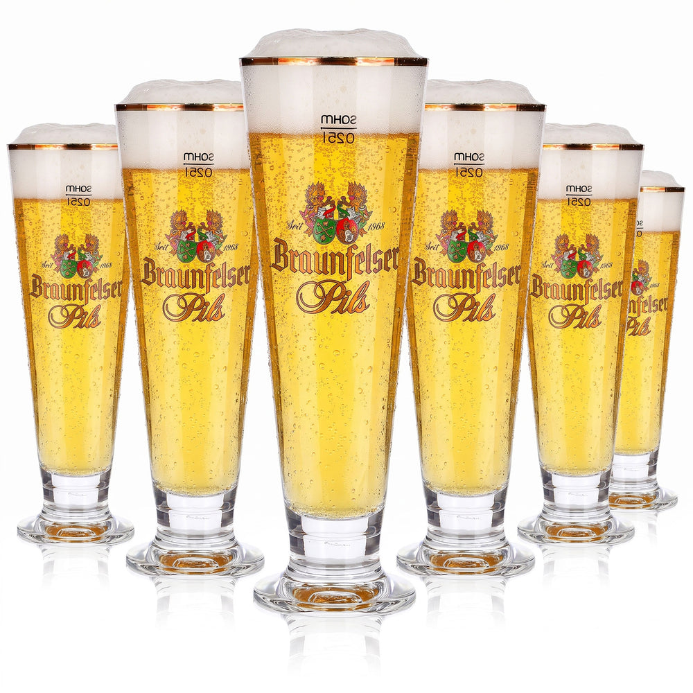6 szklanek do piwa Braunfelser o pojemności 0,25 l, w kształcie pucharu, ze złotym brzegiem, typu Pils Sahm (zestaw 6 sztuk)