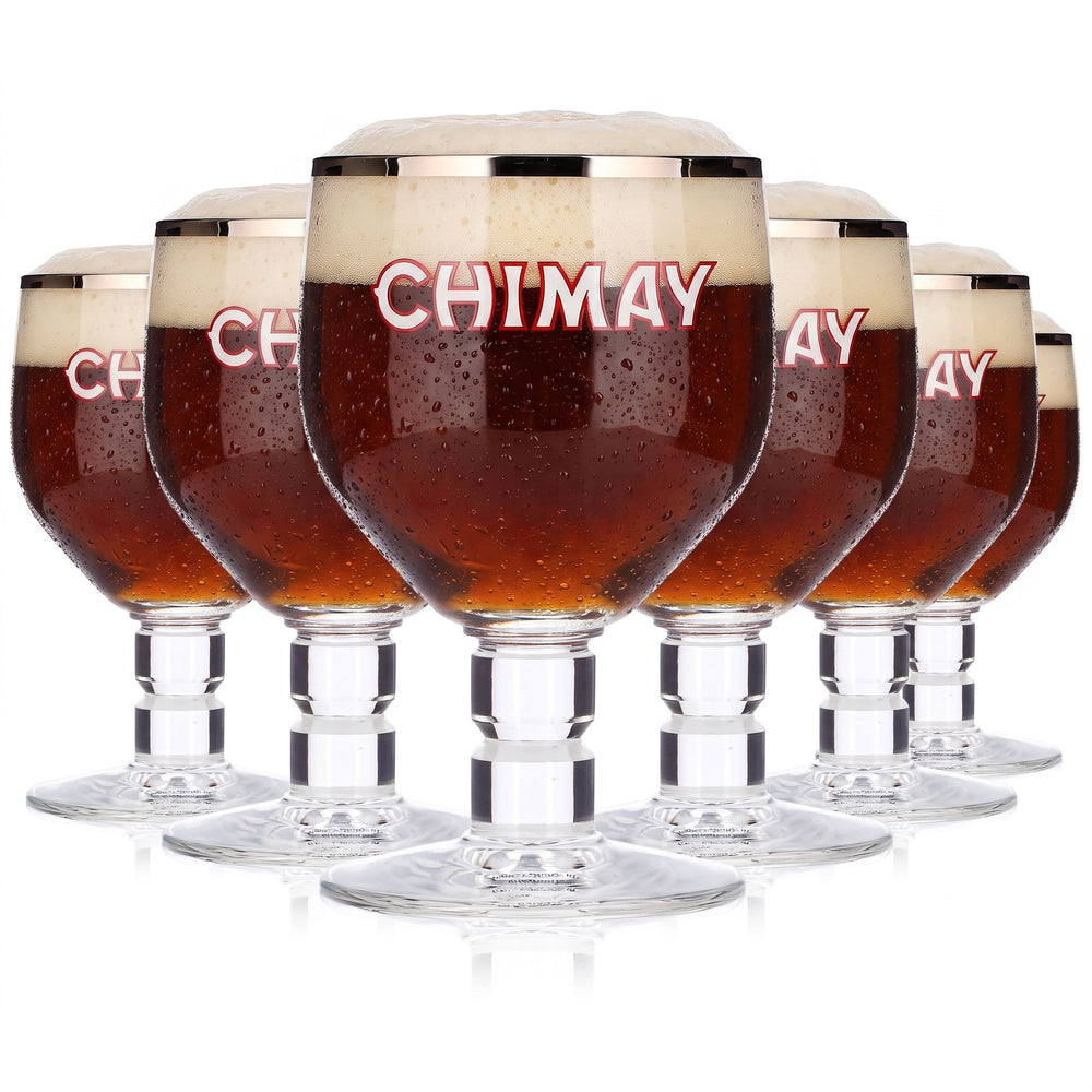6 szklanek do piwa Chimay o pojemności 0,18 l, w kształcie pucharu, ze srebrną obwódką, Belgia