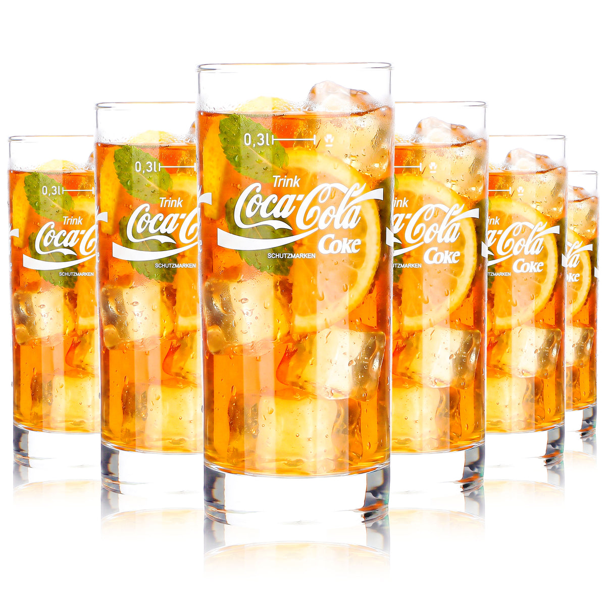 6 szt. szklanych kubków do napojów bezalkoholowych Coca-Cola, 0,3 l, z białym logo Coke, zawierające kofeinę