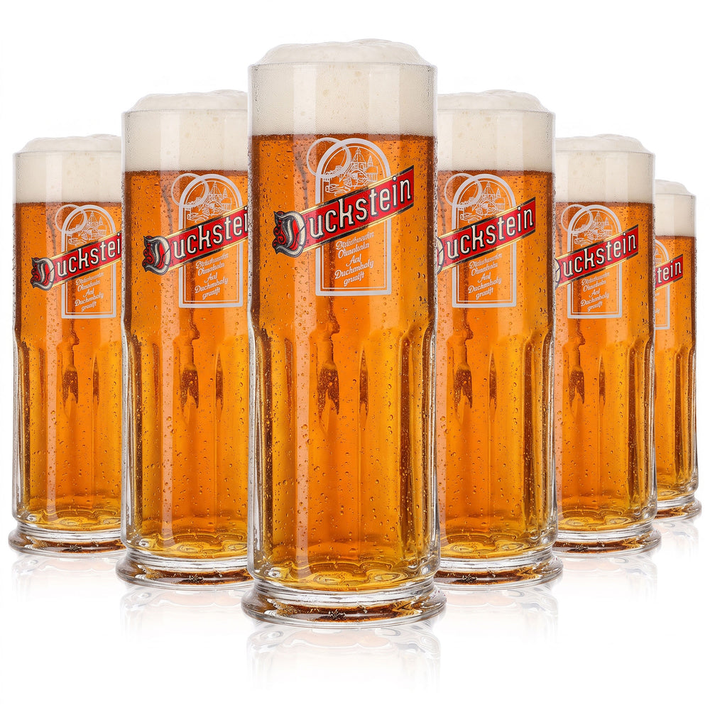 6 szklanych kufli do piwa Duckstein o pojemności 0,3 l z czerwonym logo w białej ramce, reliefowe (zestaw 6 sztuk)