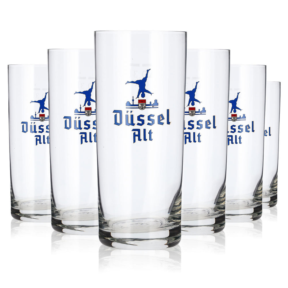 6 szklanek do piwa Düssel Alt, kubki o pojemności 0,3 l, szklanki typu Kölsch z niebieskim logo (zestaw 6 sztuk)