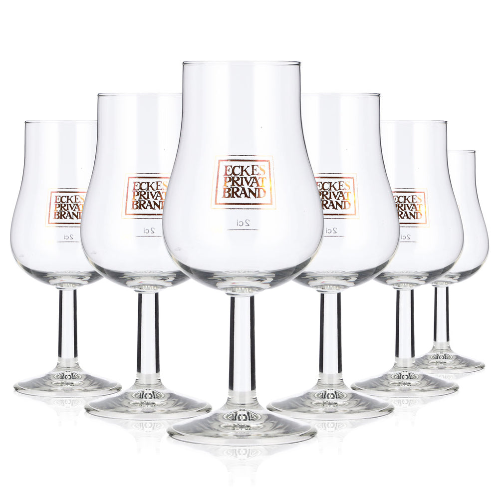 6 szt. kieliszków do brandy Eckes, 2 cl, w kształcie tulipana, z brązowym logo Böckling Privat Brand