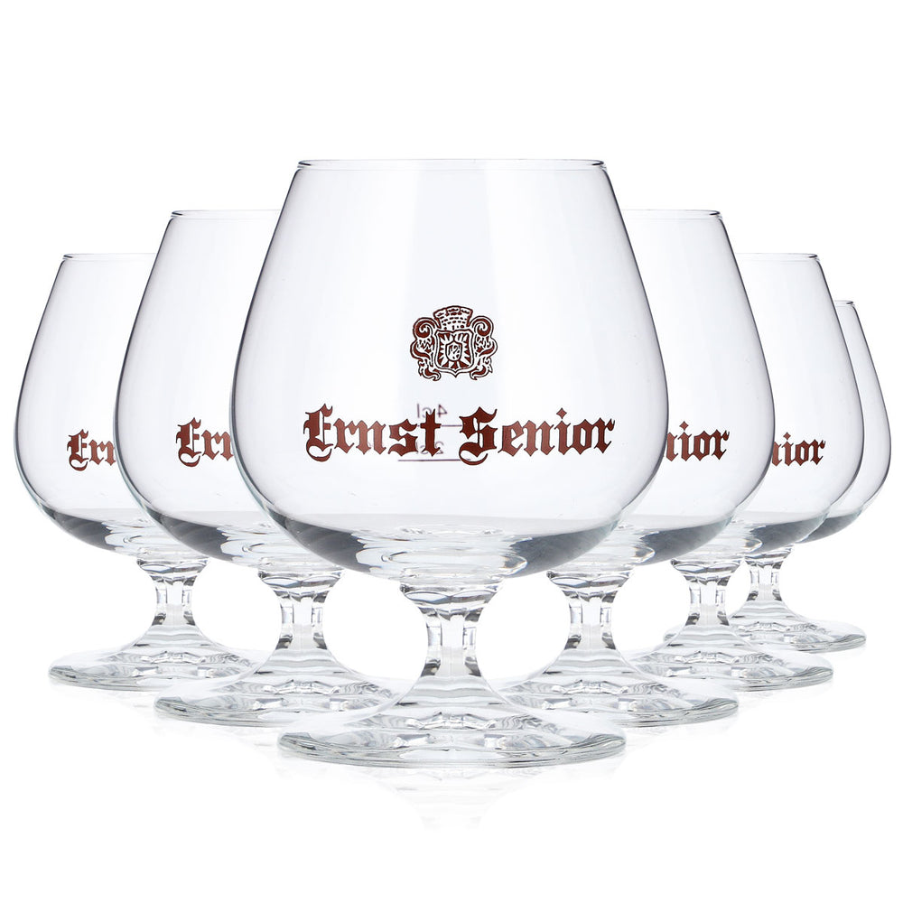 6 szt. kieliszków do brandy Ernst Senior o pojemności 2 cl + 4 cl, w kształcie tulipana, z brązowym logo Böckling