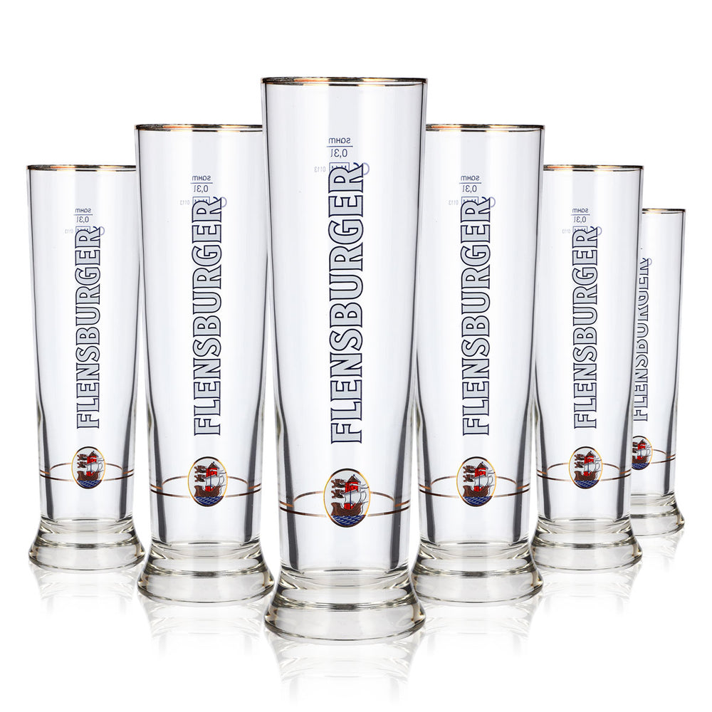 6 szklanek do piwa „Flensburger” o pojemności 0,3 l, w kształcie pucharu, ze złotym brzegiem, kolor kremowy