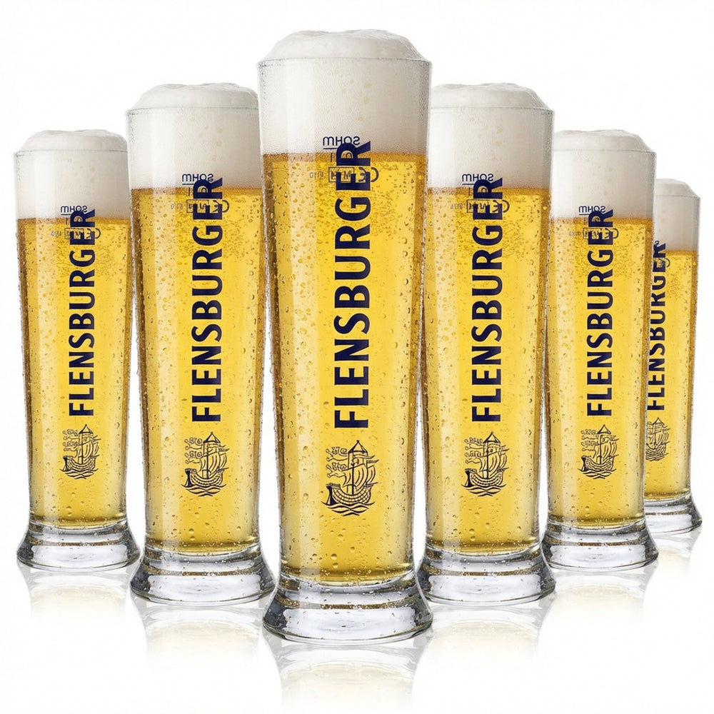 6x szklanka do piwa Flensburger 0,2 l z niebieskim napisem Sahm Vancouver