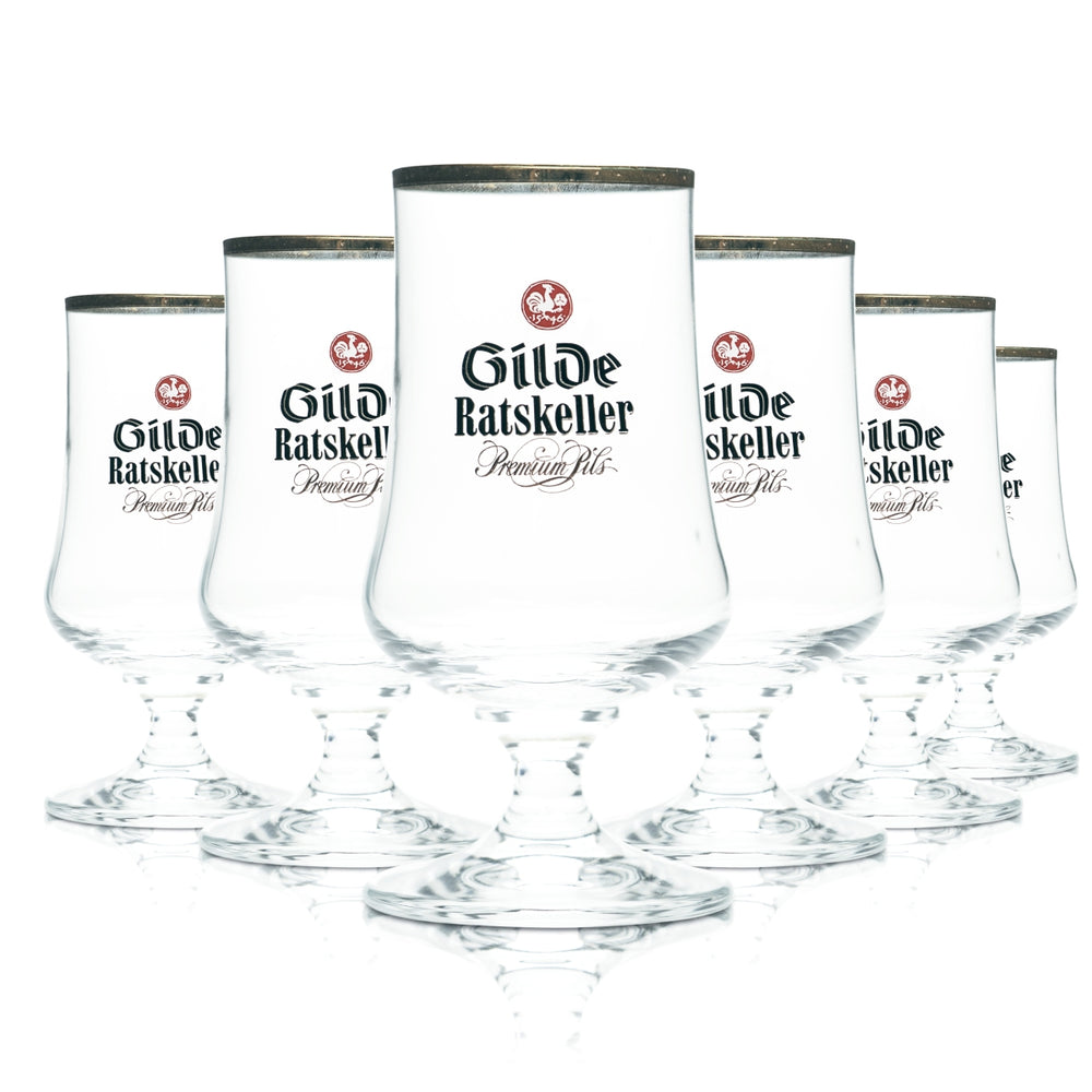 6x Gilden Pilsener szklanka do piwa 0,2l goblet tulipan Ratskeller Pils szklanki ze złotym brzegiem