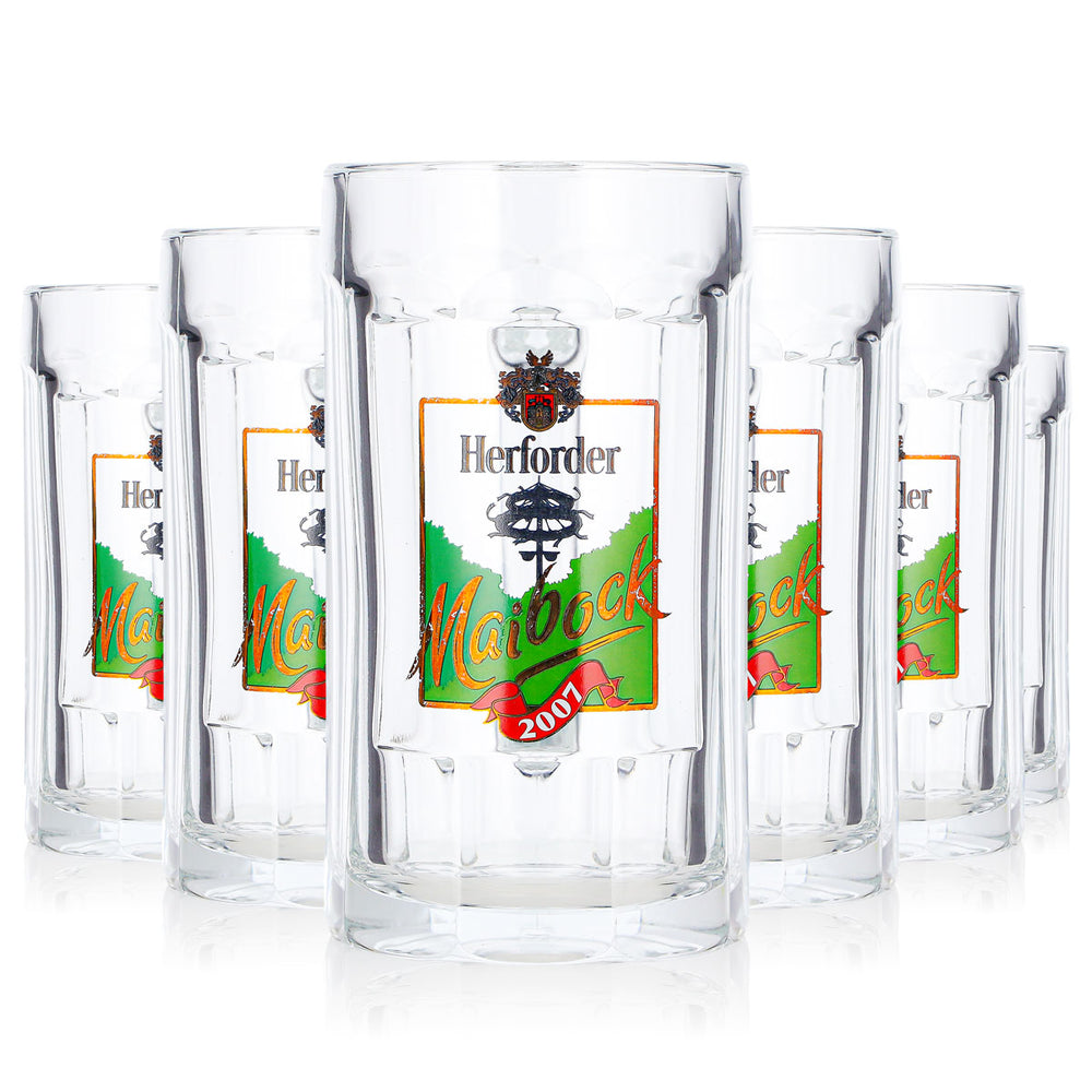6 szklanek piwnych z browaru Herforder, 0,2 l, dzbanek, 2007 r., zielone logo Sahm (zestaw 6 sztuk)