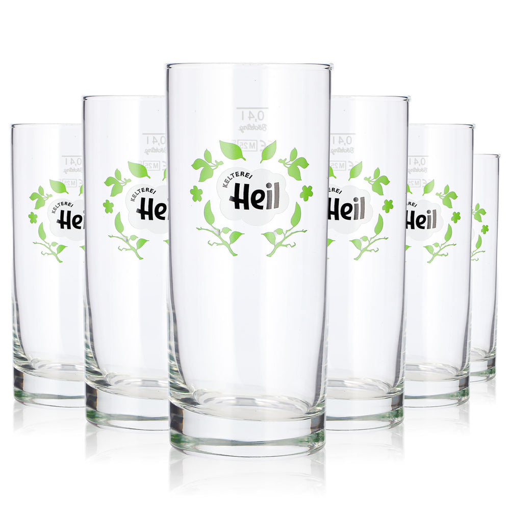 6 szt. szklanek do cydru „Heil” o pojemności 0,4 l, typu longdrink, z zielonym logo przedstawiającym rośliny (zestaw 6 sztuk)