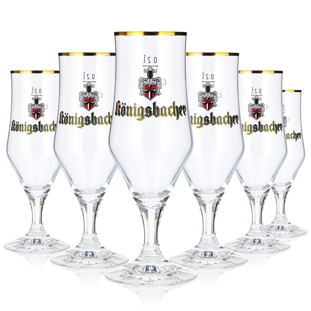 6 szklanek do piwa Königsbacher o pojemności 0,2 l, w kształcie kielicha, ze złotym brzegiem, model Rastal (zestaw 6 sztuk)