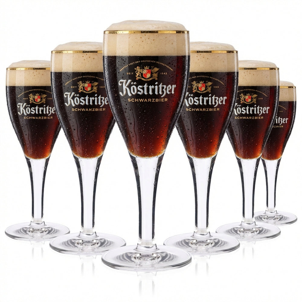 6x zestaw ekskluzywnych szklanek do piwa Köstritzer Schwarzbier – szklanka do piwa o pojemności 0,2 l z eleganckim złotym brzegiem i podziałką kalibracyjną