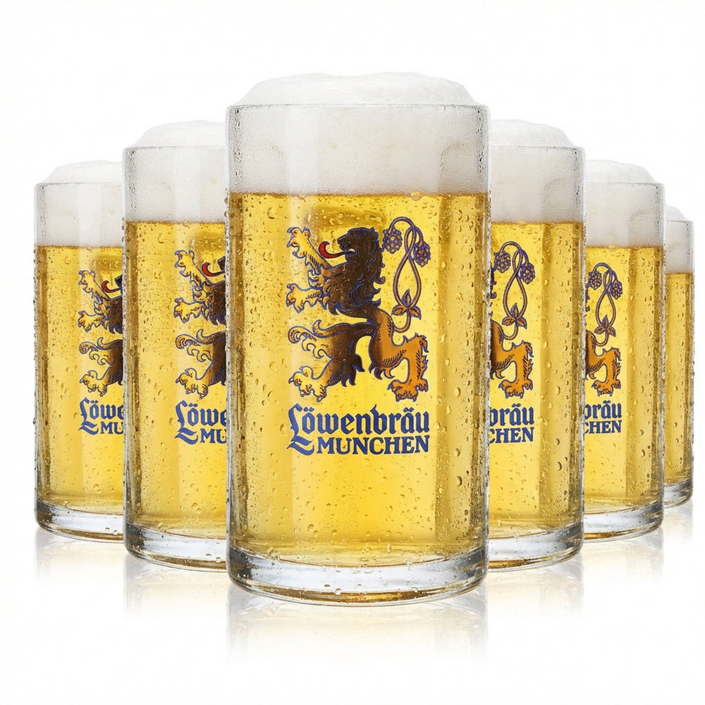 6 szklanek do piwa Löwenbräu 0,5 l, kufel ze złotym lwem i dużym logo Sahm Moldau